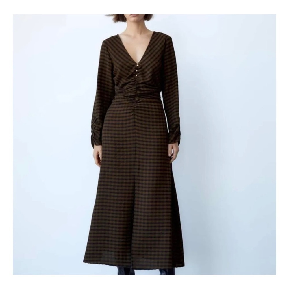 Zara textured checked draped midi dress in brown